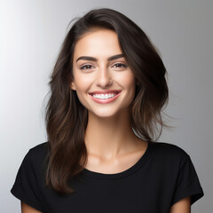 Studio portrait headshot of a woman. Black shirt, white background.  Dental ad, hair studio ad