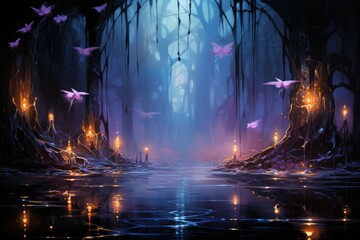 Luminescent spirit fireflies in Fantasy - Generative AI - obrazy, fototapety, plakaty