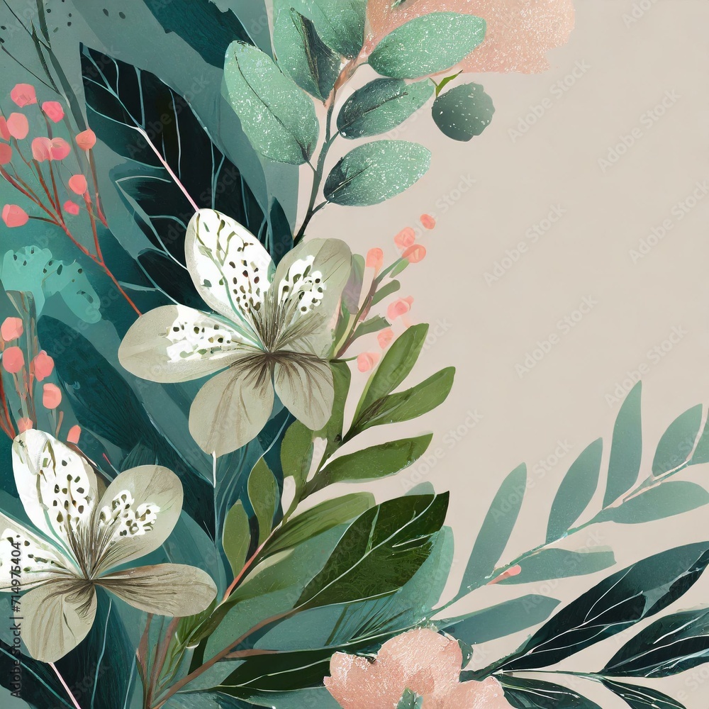 Poster freshness unveiled: 3d rendering of botanical elements in soft pastel colors