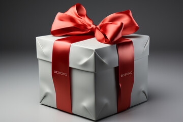 White gift box on gray background with red ribbon