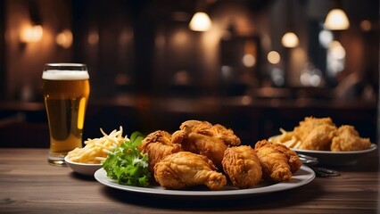 A close-up photo of a plate of crispy fried chicken wings and a frosty glass of beer on a dark wooden table. The chicken wings are golden brown and glistening with sauce.
