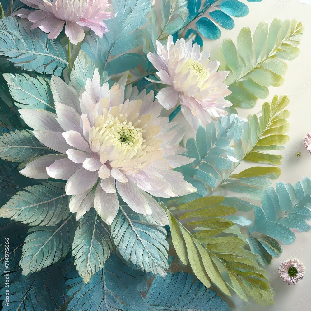 Poster nature's soft glow: 3d rendering of botanical elements in gentle pastels