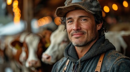 Fototapeta premium Dedicated Dairy Farmer Engaged in Milking Cows Inside a Traditional Barn Setting