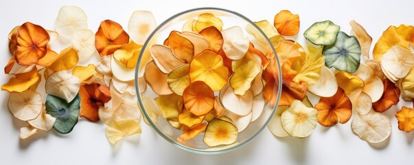 Vegetable organic chips in white glass top view - obrazy, fototapety, plakaty
