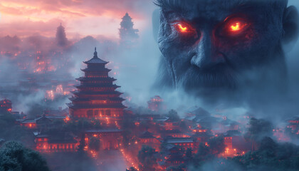 Spooky Night Scene with Mystical Monster and Ancient Temple