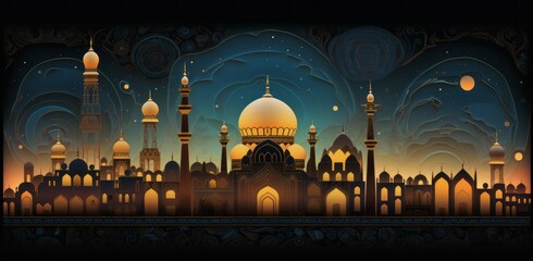 Visually stunning banner featuring an abstract representation of a mosque, surrounded by intricate patterns - obrazy, fototapety, plakaty