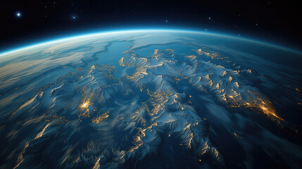 An aerial view of illuminated mountainous terrain from space.