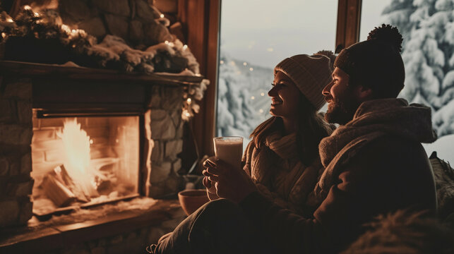 Against a backdrop of pristine winter landscapes, a couple shares a quiet moment by a fireplace, sipping on frothy white beverages and exchanging thoughtful White Day gifts. The co