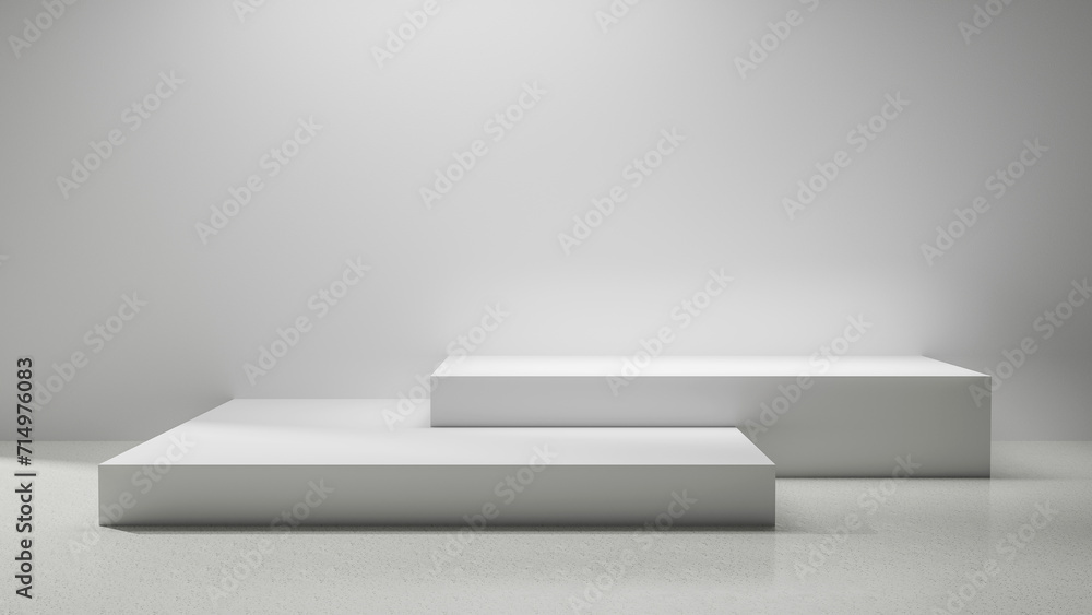 Aufkleber Empty copy space podiums with spotlight and blank gray wall and floor, abstract empty space studio room spotlight, product placement display, white empty table, white walls and floor abstract room