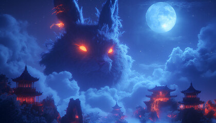 Mystical Rabbit Overlooking an Illuminated Foggy Ancient Asian Village