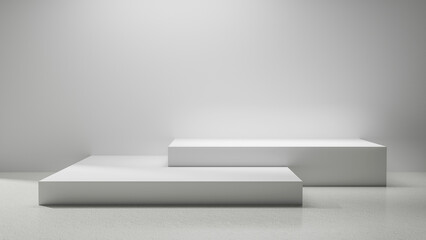 Empty copy space podiums with spotlight and blank gray wall and floor, abstract empty space studio room spotlight, product placement display, white empty table, white walls and floor abstract room