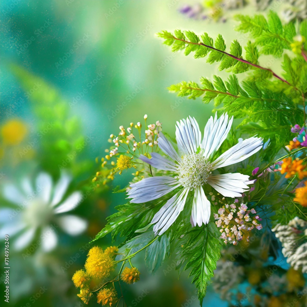 Poster herbal serenity: 3d rendered image of fresh botanicals with original art and copy space