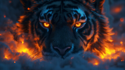 Majestic Tiger with Intense Eyes Surrounded by Flames in Digital Artwork