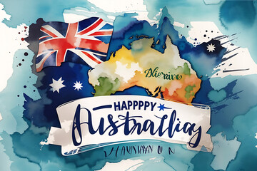26 January Happy Australia Day greeting card. Australian flag grunge vector illustration with hand-drawn calligraphy lettering and watercolour Australia nation symbol on white background design. - obrazy, fototapety, plakaty