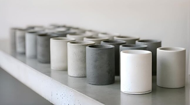 a row of white and black vases sitting on a shelf