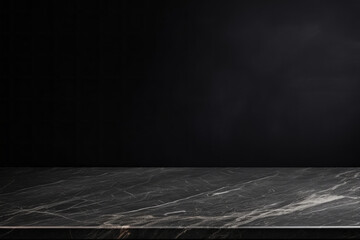 Closeup of black marble empty table on black kitchen wall background