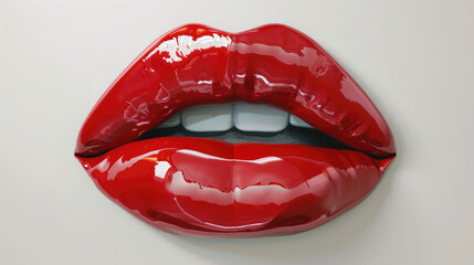 glossy seductive lips painted with red lipstick, female mouth, on a white background - obrazy, fototapety, plakaty