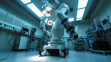 Robotic surgery technology: A high-tech robotic arm performing surgery in a modern clinic, symbolizing advanced medical treatments and technology - obrazy, fototapety, plakaty