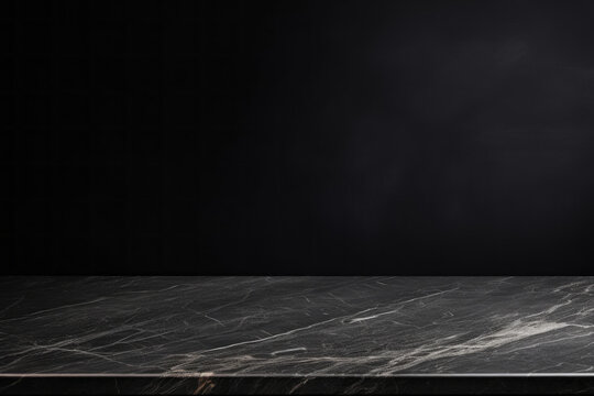 Closeup of black marble empty table on black kitchen wall background