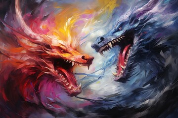 Ferocious storm dragons in Fantasy - Generative AI - obrazy, fototapety, plakaty