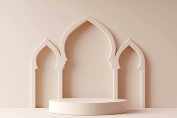 Podium with Islamic arches and patterns, providing a sophisticated display for traditional and cultural products.