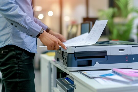 Businessman print paper on a multifunction laser printer in business office. Document and paperwork. Secretary work. Copy, print, scan, and fax machine. Print technology. Photocopy