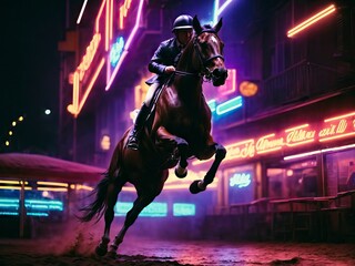 Jockey riding a horse in the city at night. Equestrian sport - obrazy, fototapety, plakaty