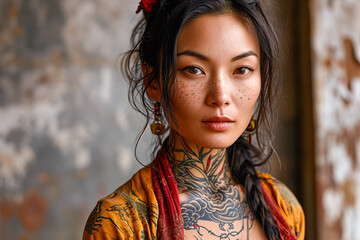 Portrait of an attractive long-haired chinese model with an elaborate tattoo