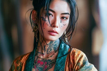 Poster Portrait of an attractive long-haired chinese model with an elaborate tattoo © michaelheim