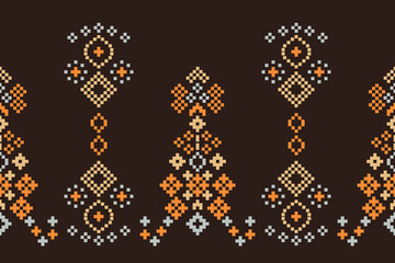 Ethnic geometric fabric pattern Cross Stitch.Ikat embroidery Ethnic oriental Pixel pattern brown background. Abstract,vector,illustration. Texture,clothing,scarf,decoration,motifs,silk wallpaper.