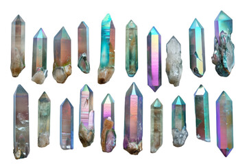 A variety of crystal points displayed in a row, with different colors and textures.