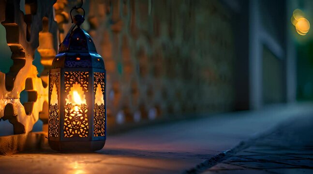 a lit lantern sitting on the ground next to a wall