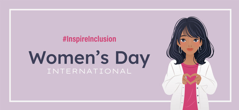 Inspireinclusion. 2024 International Women's Day horizontal banner. Woman showing sign of heart with her hands. Design for poster, campaign, social media post. Vector illustration, background.
