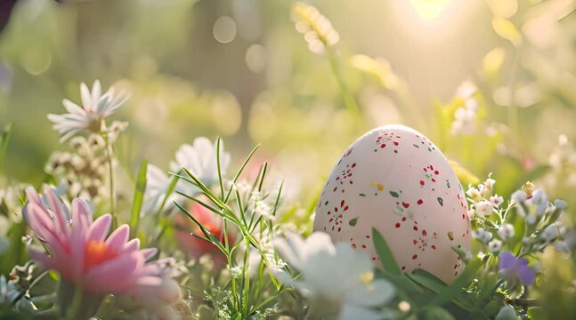 an easter egg sitting in the grass surrounded by flowers