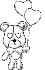 Teddy bear holding a love balloons black and white vector image, valentine collection, doll collection, teddy bear collection