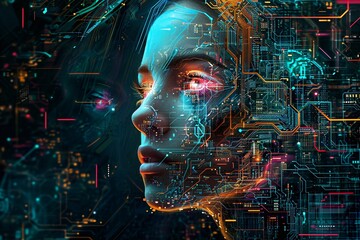 Naklejka na ściany i meble Cyberpunk Female Face with Digital Circuitry Generative AI