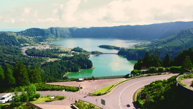 Aerial shot picturesque paradise of Sete Cidades in Azores, Sao Miguel. Volcanic craters and stunning lakes. Ponta Delgada, Portugal. Natural wonders, landmarks and tourist attractions concept