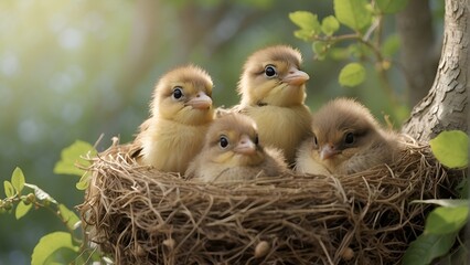 A charming nest of ducklings snuggled together atop a tree branch, their soft yellow feathers contrasting against the vibrant green leaves.