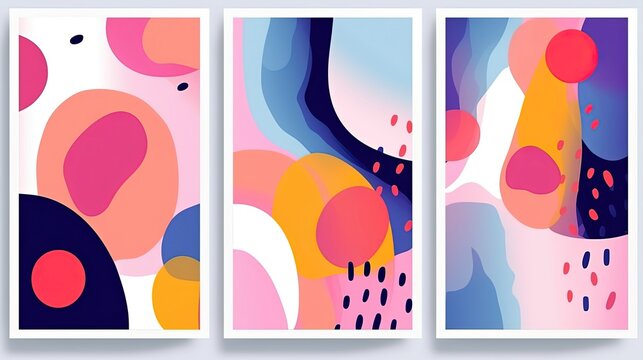 abstract background of art illustration framed in minimalism style swirl free form curve and line set on wall, three frames, mockup idea, Generative Ai