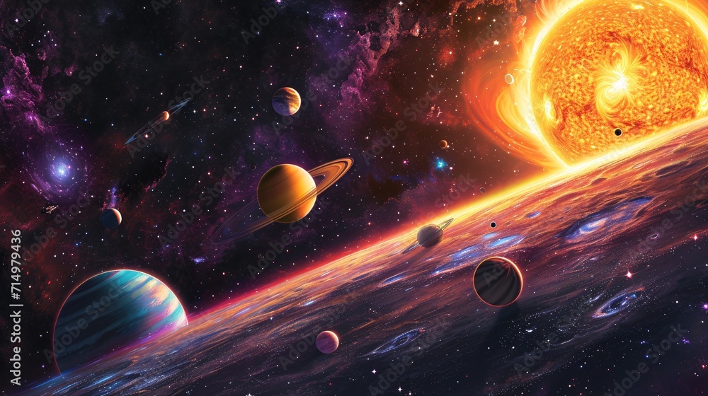 Poster a vibrant and colorful space scene with various planets and celestial bodies generative ai