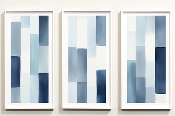 three blue brush stroke watercolor painting artwork picture frame collection set on wall, minimal style home wall hanging decor, mockup idea, Generative Ai