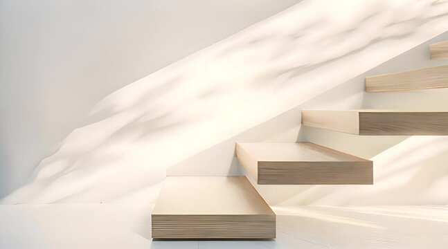 a white staircase with wooden steps and a white wall