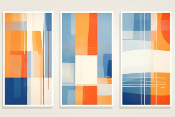 three blue orange brush stroke watercolor painting artwork picture frame collection set on wall, minimal style home wall hanging decor, mockup idea, Generative Ai