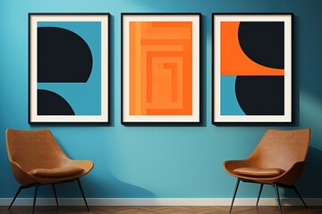 cheerful and happy mood modern living room idea of home decor design with geometric orange black blue three frame set hanging on wall, mockup idea, Generative Ai