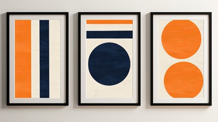 three orange blue brush stroke  geometric oil painting artwork picture frame collection set on wall, minimal style home wall hanging decor, mockup idea, Generative Ai