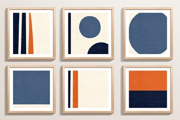 Fototapeta na wymiar six orange blue brush stroke geometric oil painting artwork picture frame collection set on wall, minimal style home wall hanging decor, mockup idea, Generative Ai
