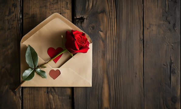 rose flower with letter on wooden background