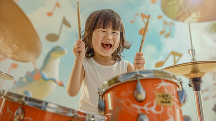 Joyful child playing drums with bright, musical background. Perfect for themes of music, happiness,...