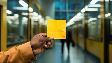 African man holding empty blank yellow paper note with urban modern indoor office building as background, idea for memory improvement and memorize concept, Generative Ai