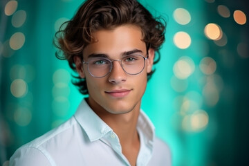 portrait of a young guy with glasses in a beautiful frame. optics, vision correction and eye imperfections. modern eyeglasses for vision.
